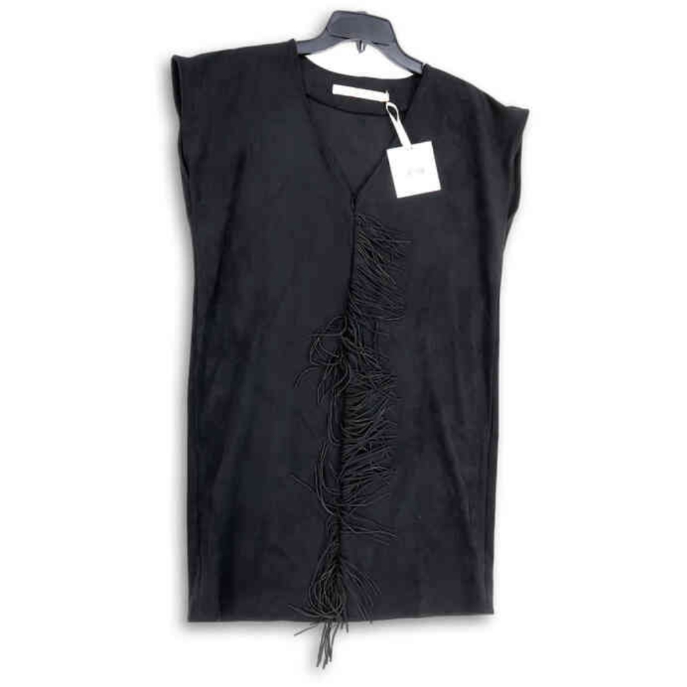 NWOT Marie Oliver Black V-Neck Cap Sleeve Fringe Pullover Shift Dress Size Small
